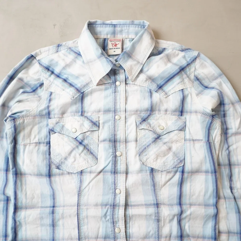 True Religion Western Pearl Snap Shirt Medium Mens Blue White Plaid Cowboy Yoke